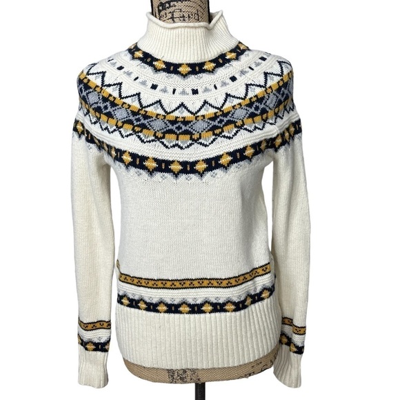 J. Crew Wool Mix Sweater Fair Isle Blue and Cream Roll Neck Style - Picture 2 of 10